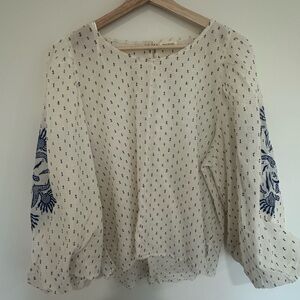 Cost Plus World Market Cream Blouse with Navy Embroidery